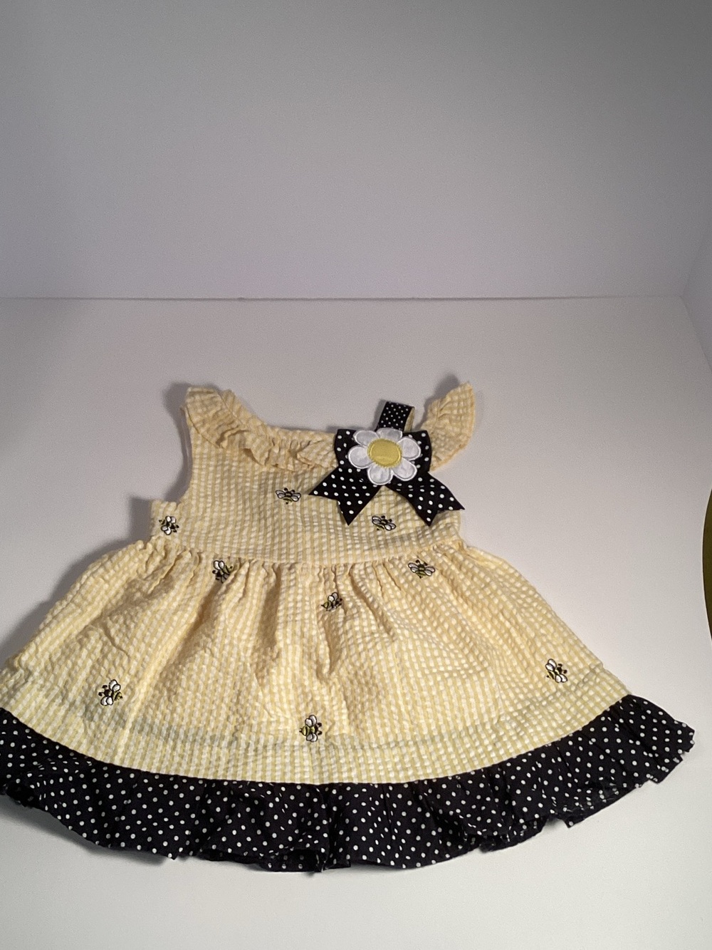 Yellow Bumblebee Polka-Trim Girls' Summer Dress with Flower Bow 12M